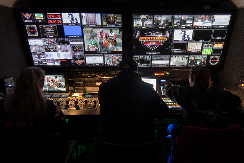 RIT sports zone live control room camera shading switcher live sports broadcast production trailer video control room ptz cameras multiviewer tv live production video studio behind the scenes