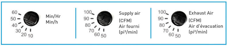 10, 20, 30, 40, 50, 60 Min/Hr; 50, 60, 70, 80, 90, 100 Supply air (CFM) / Air fourni (pi³/min);  50, 60, 70, 80, 90, 100 Exhaust air (CFM) / Air d'évacuation (pi³/min) 