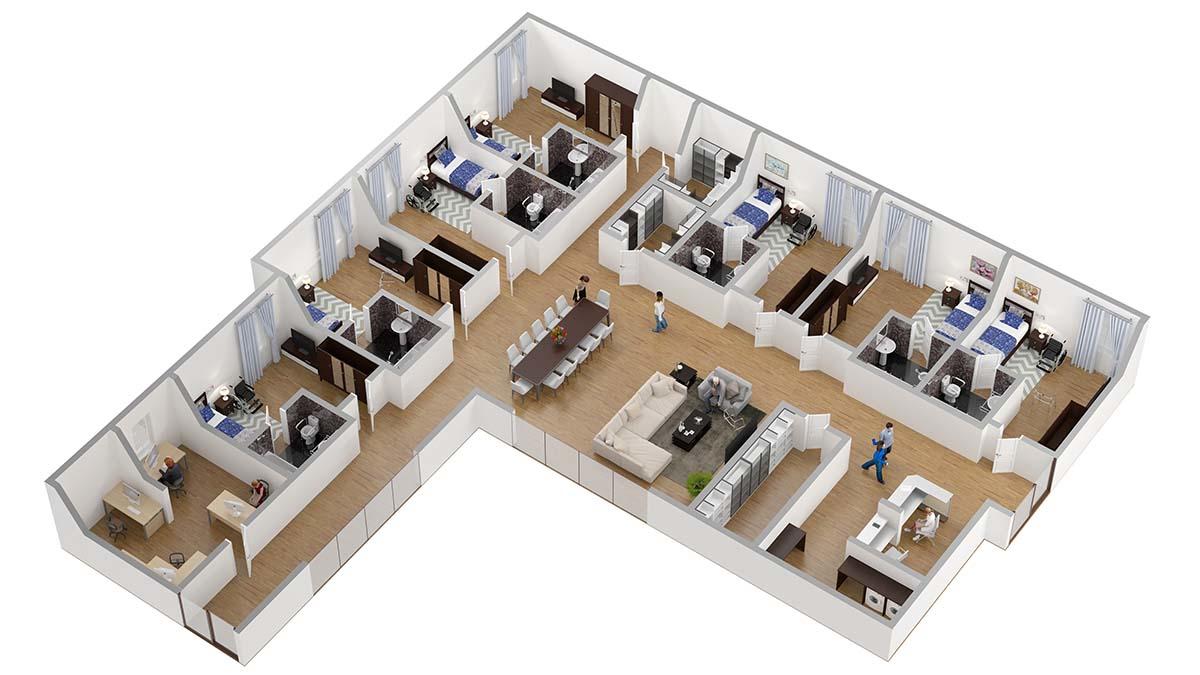Graphic of 3 dimensional internal hotel layout as seen from above