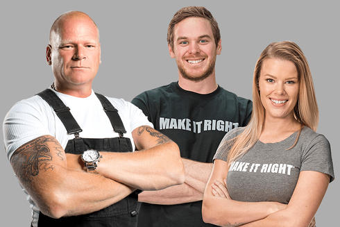 Mike Holmes with his son and daughter with their arms folded. From left to right. Mike Holmes, Mike Holmes Jr., Sherry Holmes
