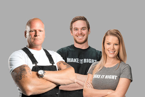 Mike Holmes (left), son (center) and daughter (right) standing with arms crossed