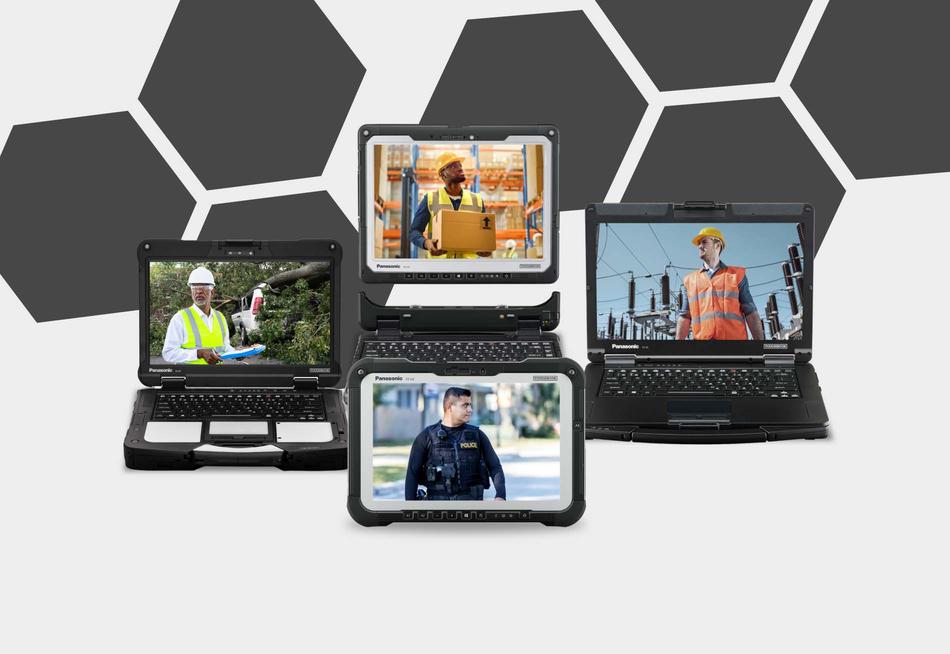 Graphic displaying 4 Toughbook products with images representing different industries on the screens