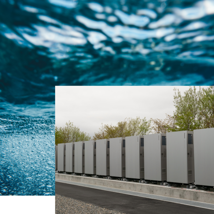 Image of water overlaid with image of the storage of renewable energy