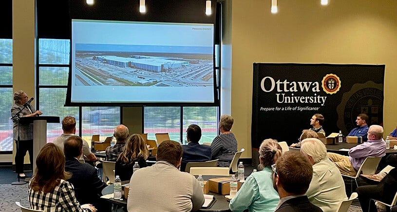 Panasonic Energy Community Affairs Manager Julie Sailors speaks at the Ottawa Chamber of Commerce in Franklin County, KS.