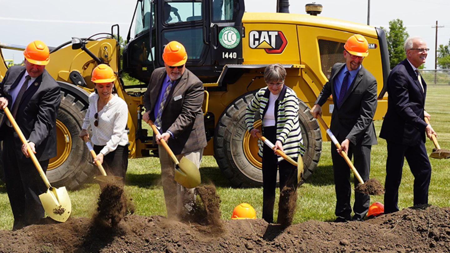 Panasonic Energy workers are joined Kansas Governor Laura Kelly, Senator Jerry Moran, Representative Sharice Davids and De Soto Mayor Rick Walker to break ground on the De Soto Local Road Improvements project