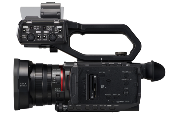 AG-CX10 4K camcorder with XLR audio inputs and LCD screen open