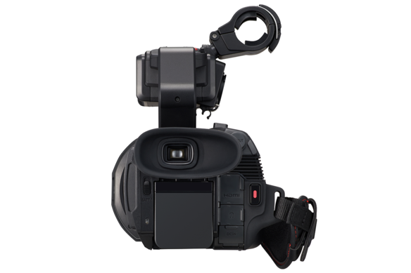 Rear of AG-CX10 4K camcorder with 5+ hour battery flush mount and HDMI and 3G SDI connections for video output visible