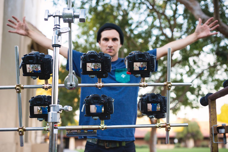 Kyle Camarillo with six cameras on a specialized rig