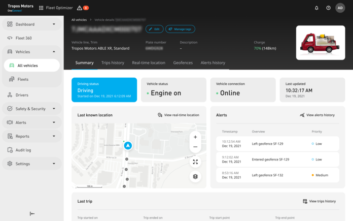 User interface for OneConnect's Fleet Management software