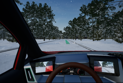 A virtual driving environment illustrating Panasonic HUD technology in a snowy environment