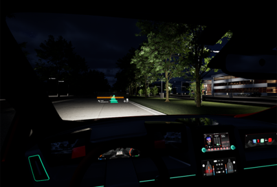 A virtual driving environment showcasing Panasonic HUD technology at night