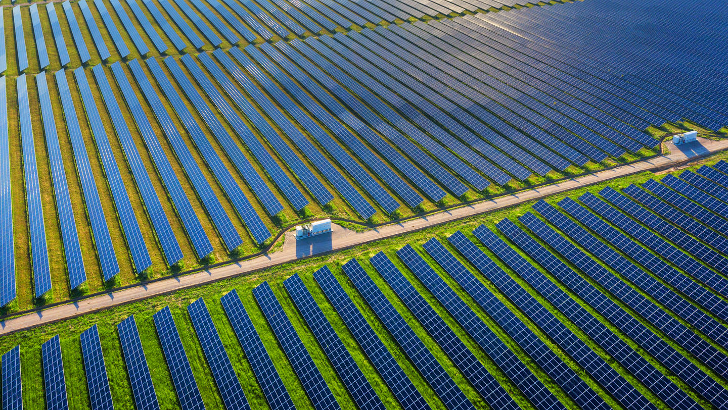 Photovoltaic power plant Solar panels in aerial view