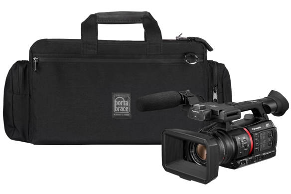 AG-CX350 camcorder next to protective CAR-AGCX350 padded camcorder travel video shoot carry bag