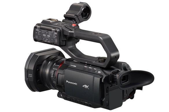 AG-CX10 camcorder side view with 3.5 inch LCD screen and viewfinder