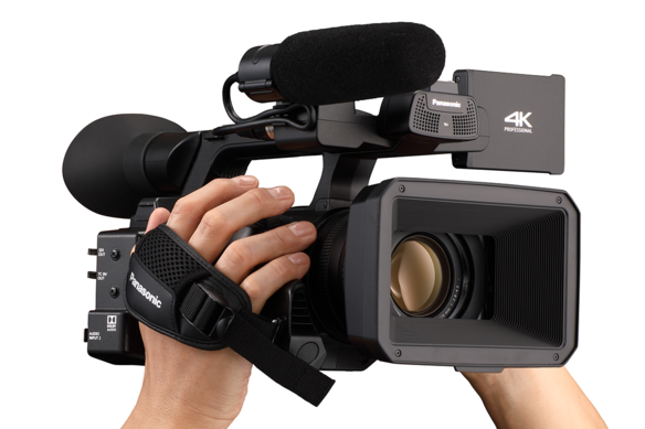 Panasonic AG-CX350 4K camcorder with wide angle LEICA zoom lens and microphone holder for video production