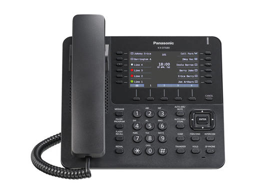 Front view of Panasonic KX-DT680 digital telephone with LCD lit
