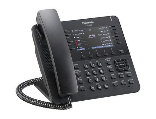 Left view of Panasonic KX-DT680 digital telephone with LCD lit