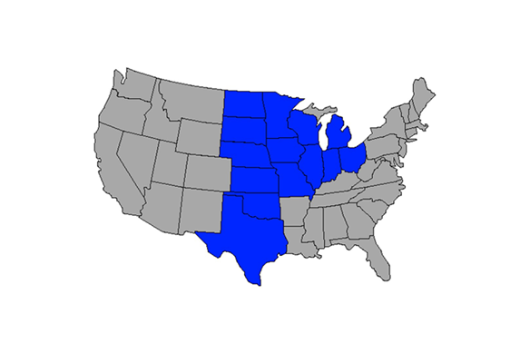 Map of United States with central states highlighted