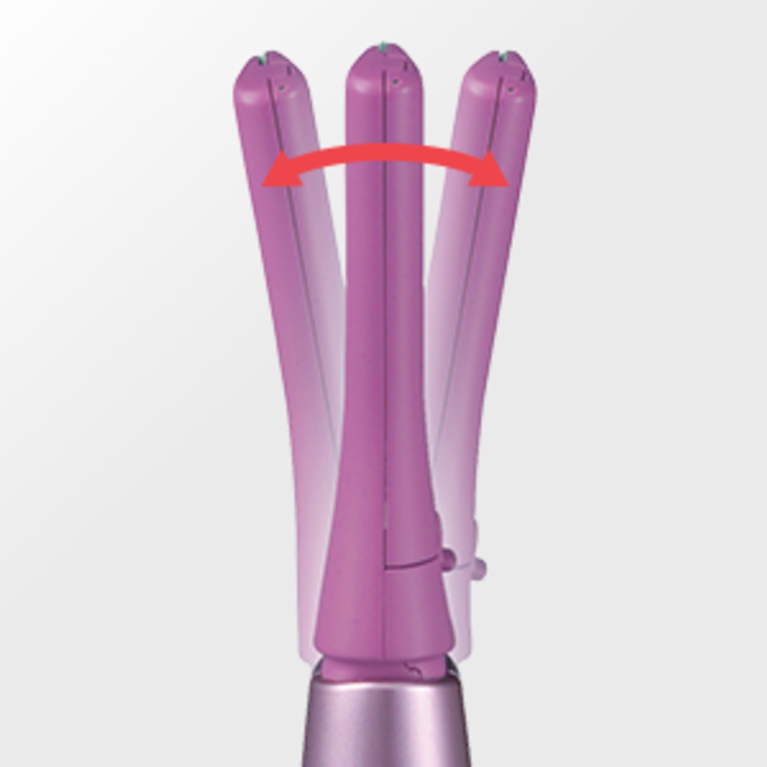 three overlapping images of the ES2113PC personal groomer with red arrows pointing left and right that depict the flexibility of the groomer's design. 