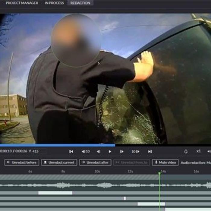 Panasonic IDguard redaction software platform with blurred officer face at crash scene