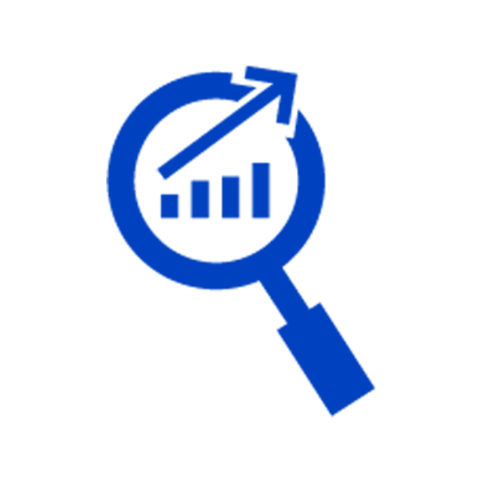 Blue magnifying glass with growth graph icon