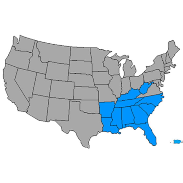 Map of United States with Southeast highlighted