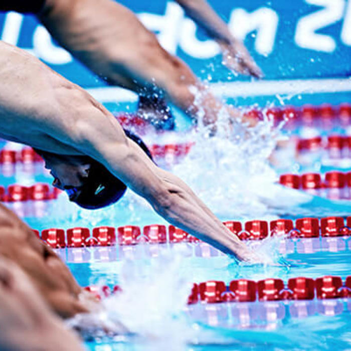 A row of Olympic swimmers dives into a pool as a race begins