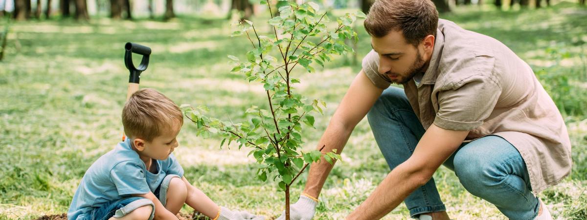 Green Living - Father and Son Planting Tree