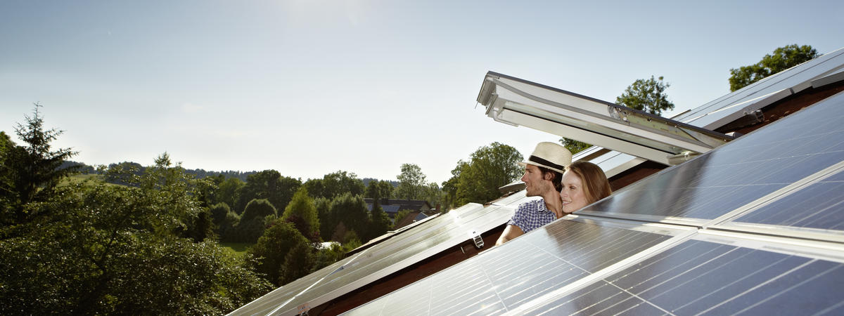 Couple peering out of solar panel roof