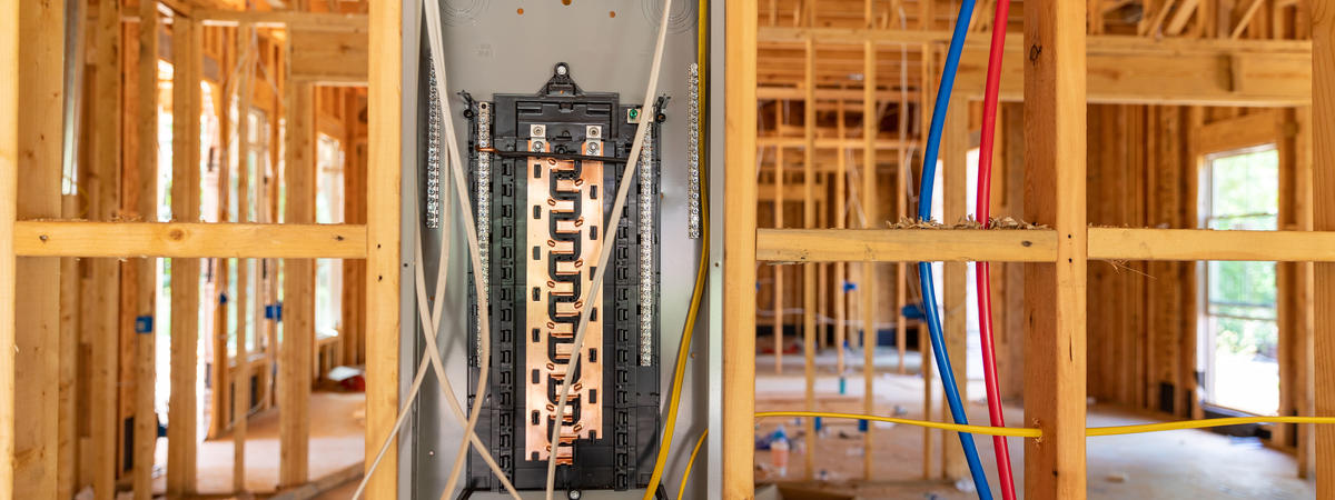 Electrical circuit breaker panel in new home under construction