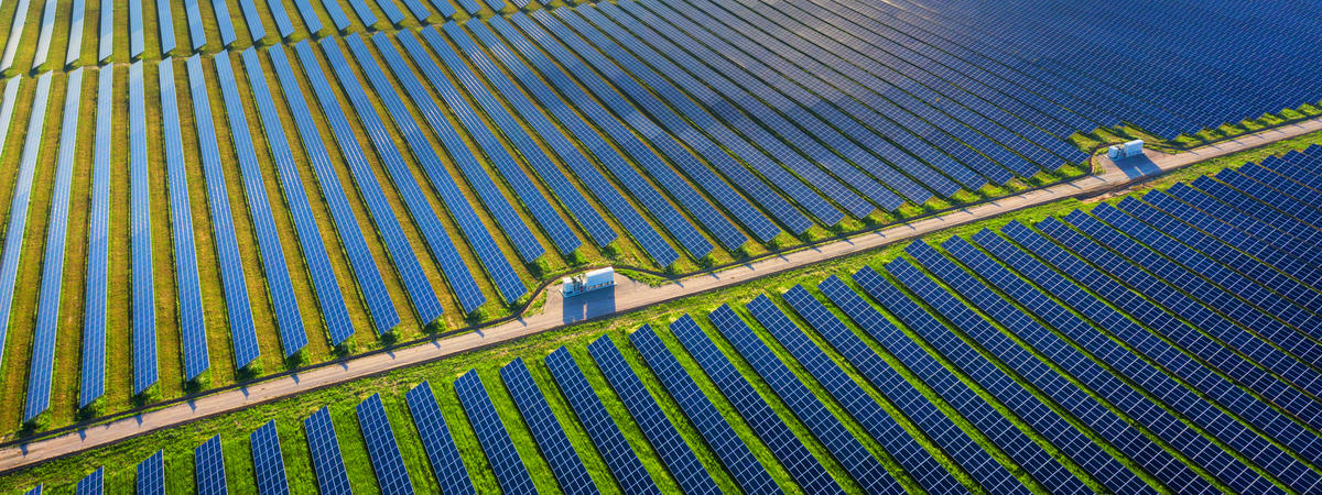 Photovoltaic power plant Solar panels in aerial view