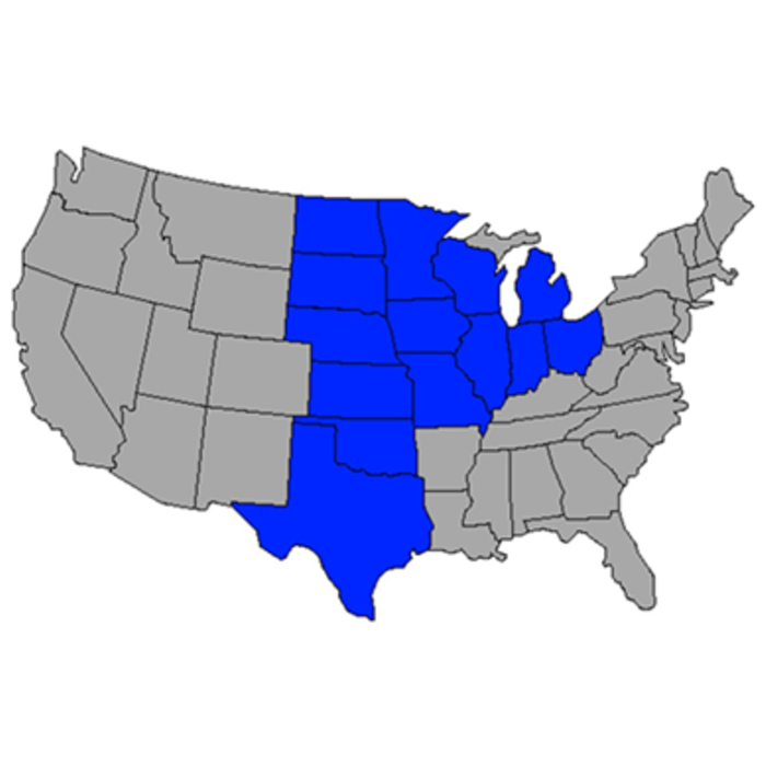 Map of United States with central states highlighted