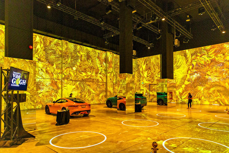 cars sit within the immersive van gogh exhibit