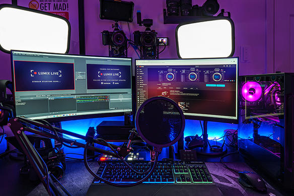 LUMIX Live (photo of a desk in purple lighting with a pro streaming setup)